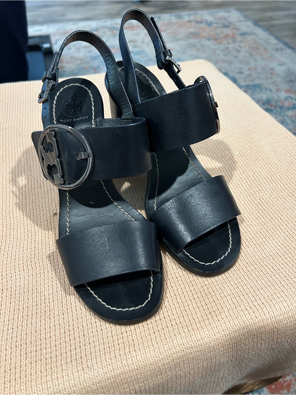 Tory Burch Black Leather Logo Buckle Slingback Heels